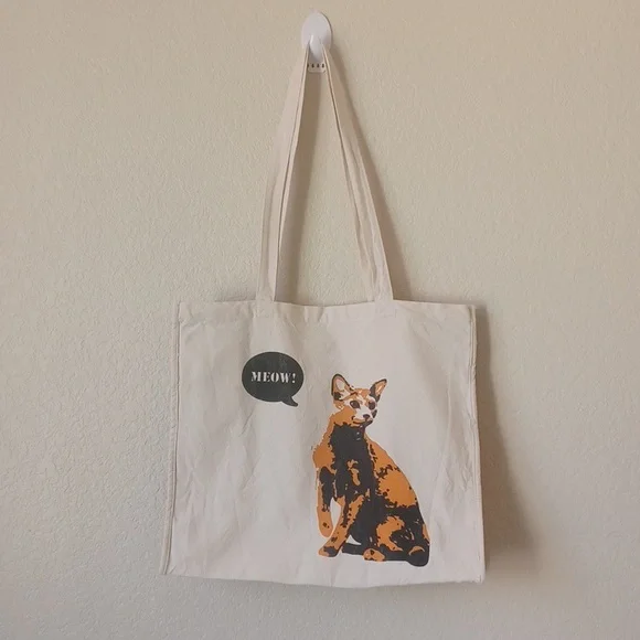 3/$25 Pet Food Express Canvas Tote Bag Cat & Dog Image, Off White Blue Orange - Picture 4 of 14